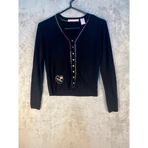 Easel Cardigan Sweater Black Embroidered Floral Heart Dainty Preppy Academia